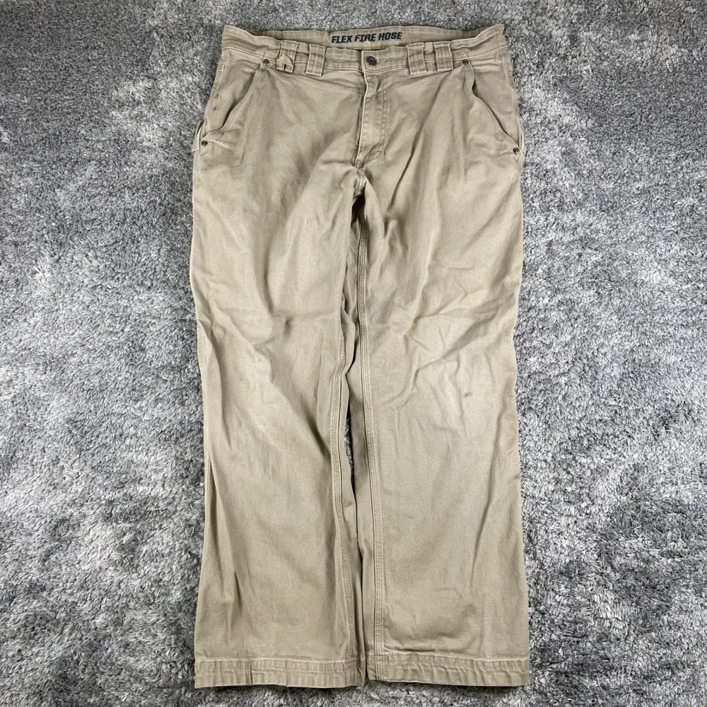 Duluth Flex Fire Hose Pants Mens 37x30 Tan Relaxed Fit Utility Workwear Cargo